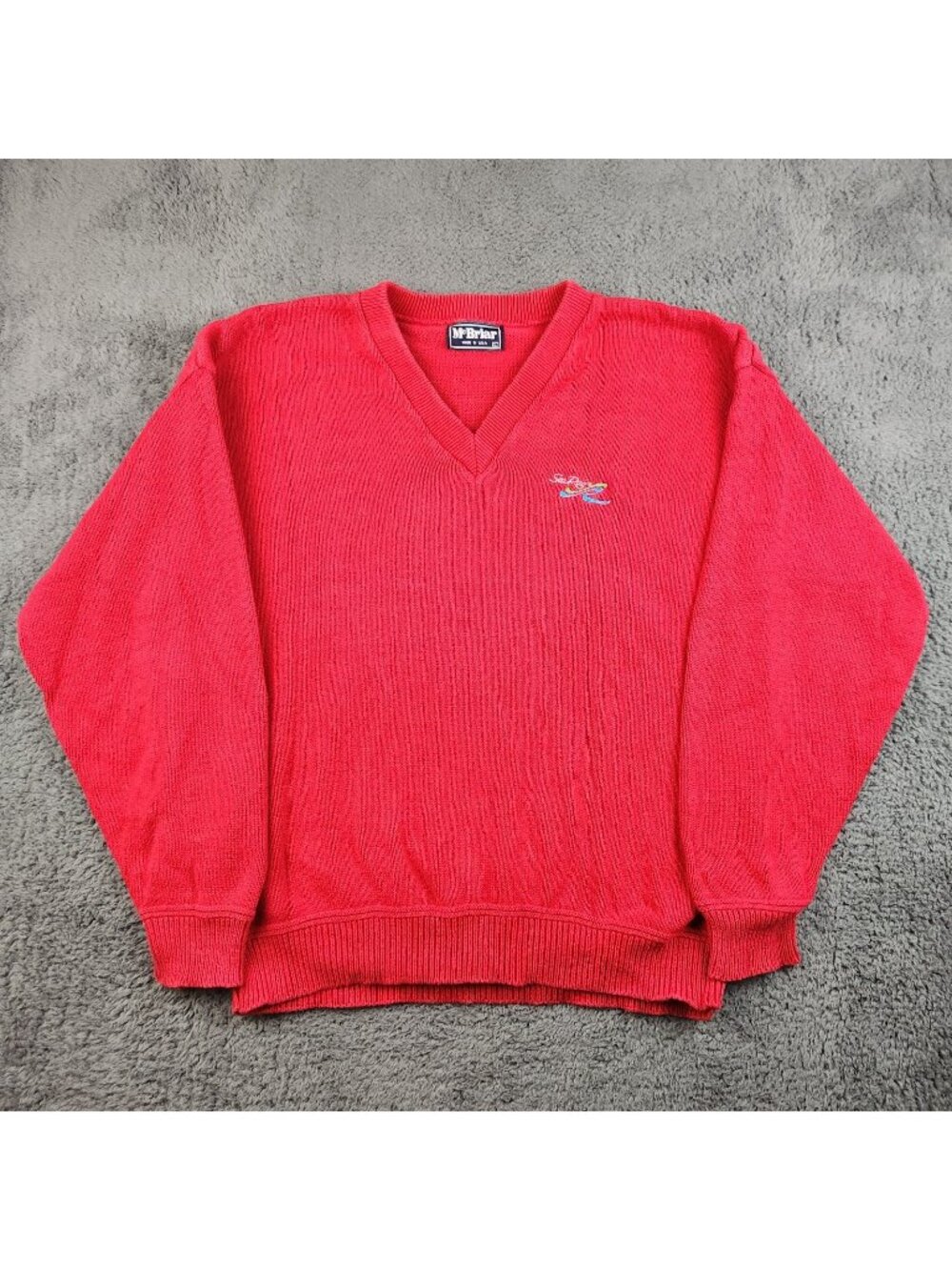 Vintage Cotton V-Neck Sweater Men's Large Red Long Sleeve McBriar Pullover Promo